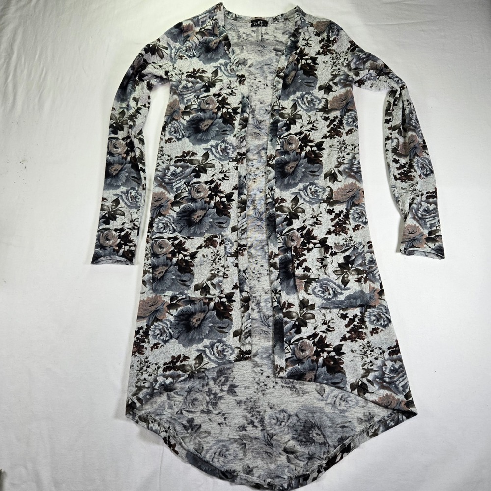 Vivette Floral Print Duster Cardigan Open Front Pockets Long‎ Sleeve Womens XS